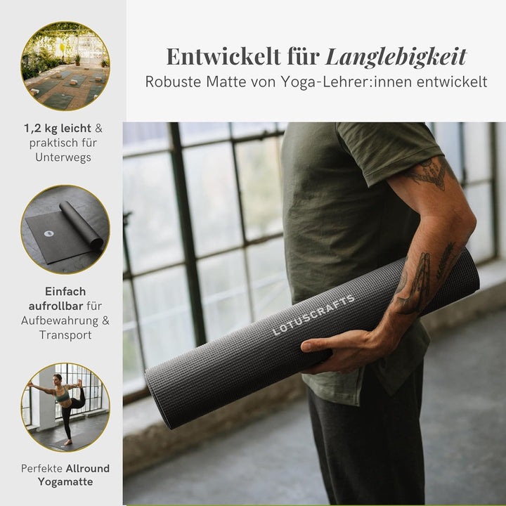 Lotuscrafts® Yoga Matte Rutschfest, 183 x 61 x 0,5 cm, Leichte Fitnessmatte auch als Gymnastikmatte,