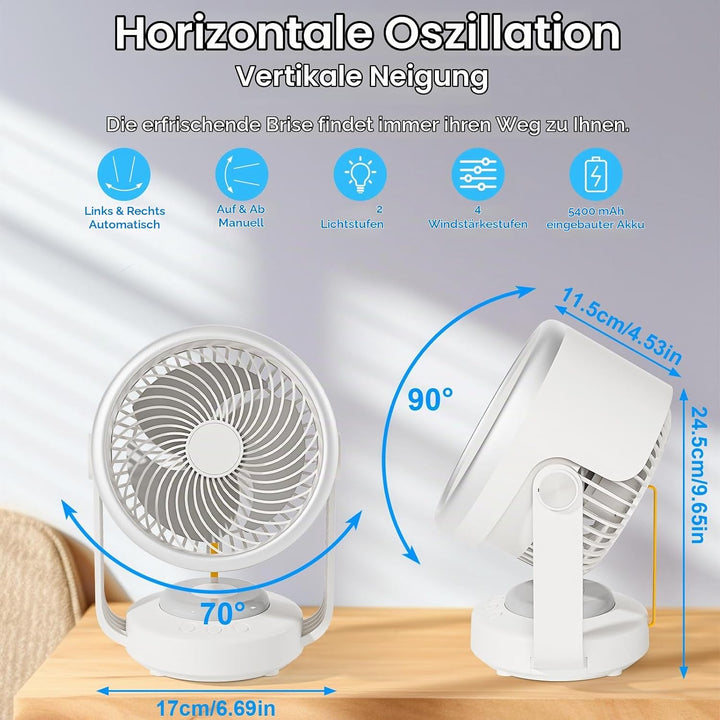 GuKKK Ventilator, Tischventilator Leise 5400mah, Umluftventilator 70° Oszillation mit 4 Geschwindigk