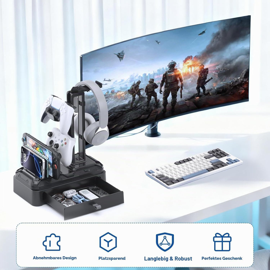 KDD Kopfhörer Ständer Gaming mit Schublade - Drehbare Headset Halterung Tisch &amp; Controller Halter PS