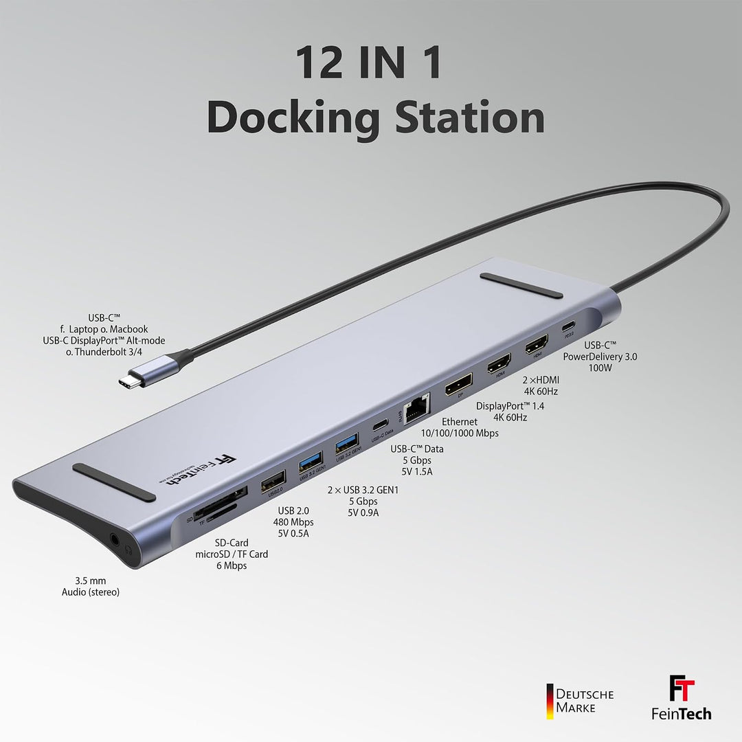 FeinTech CX301 USB C Docking Station 2X HDMI, 1x DisplayPort, 12in1 Hub, Dual Display 4K 60Hz, Tripl