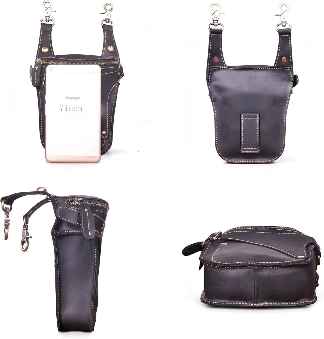 Le'aokuu Herren Leder Motorrad Hüfttasche Messenger Schulter Drop Leg Bag 9326 Dunkelschwarz, 9326 D