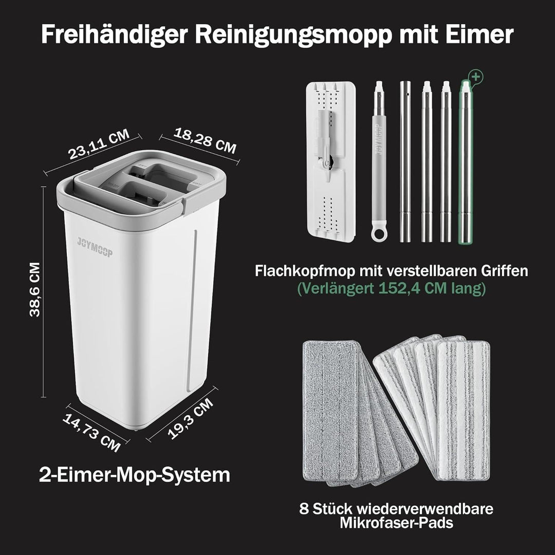 JOYMOOP Wischmopp und Eimer mit Auswringer-Set, freihändiger Flacher Bodenwischer und Eimer, mit 8 w