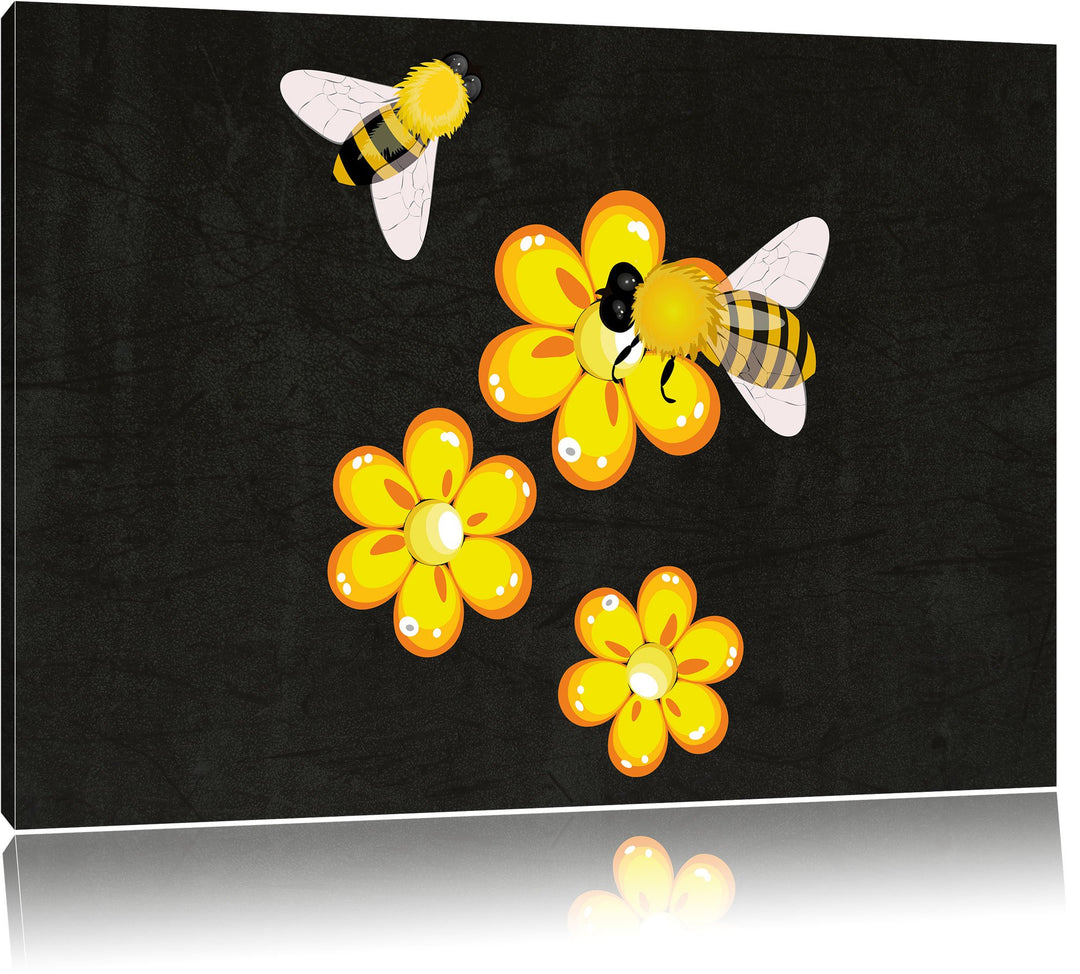 Pixxprint hübsche Bienen mit Blumen als Leinwandbild/Grösse: 100x70 cm/Wandbild/Kunstdruck/fertig be
