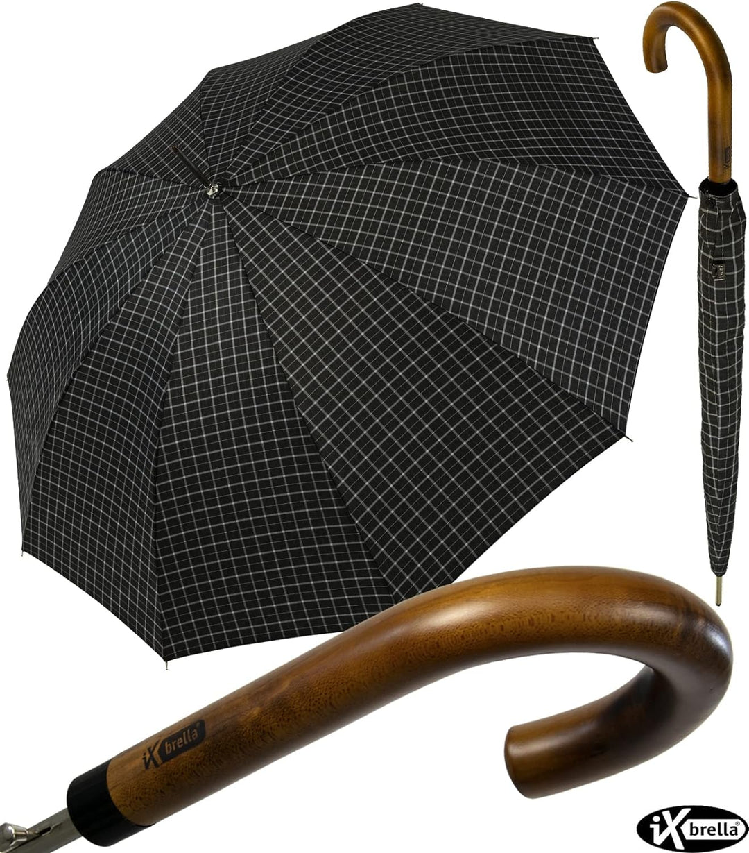 iX-brella Herren-Stockschirm Automatik mit Echtholz-Rundhakengriff - Karo schwarz Check Black, Check