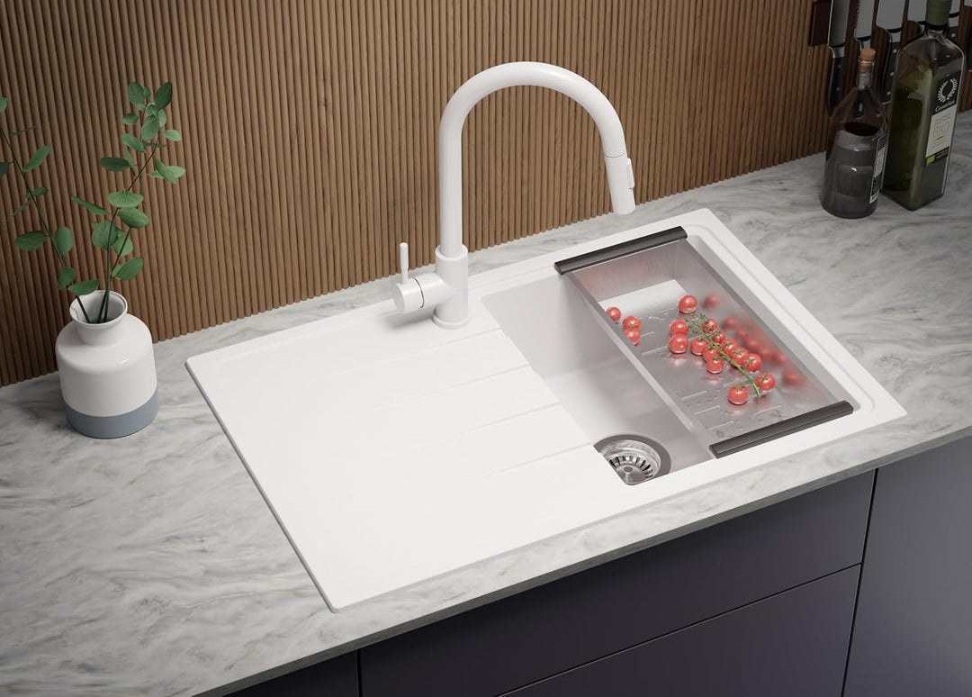 Granitspüle Weiss 78x50 cm, Spülbecken + Ablauf-Set + Küchenarmatur 9000, Küchenspüle für 45er Unter