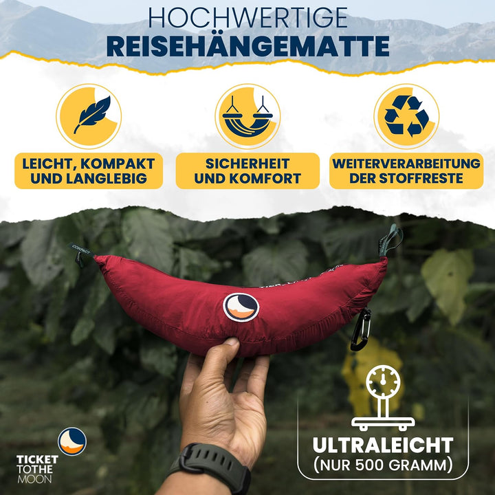 Fair Trade & handgemachte Compact-Leicht-Hängematte Burgund für Reisen, Camping und Alltag, 3,2 * 1,