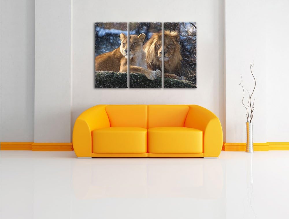 Pixxprint interessiertes Löwenpaar Kunst Buntstift Effekt 3-Teiler Leinwandbild 120x80 Bild auf Lein