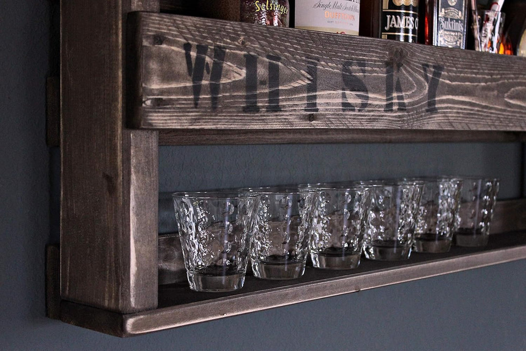 Dekorie Whisky Regal aus Holz - mit Gläserhalter und Whisky Schriftzug - Braun - Industrie Stil - fe