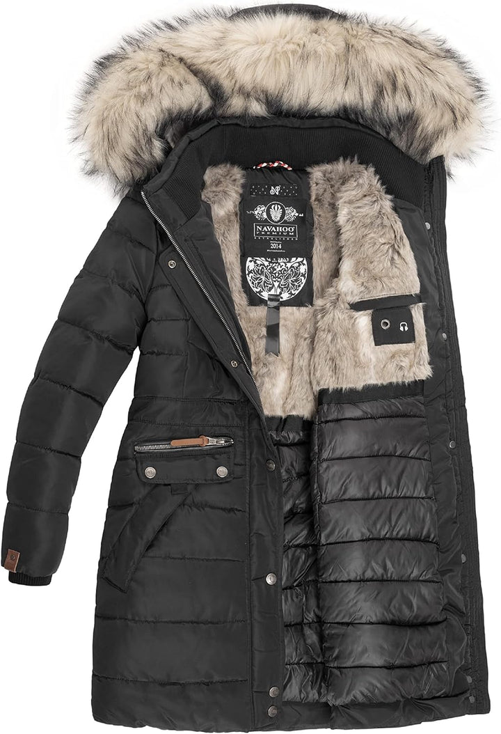 Navahoo Damen Wintermantel Warmer Steppmantel lang mit Abnehmbarer Kunstfell-Kapuze Paula XS-5XL, Sc