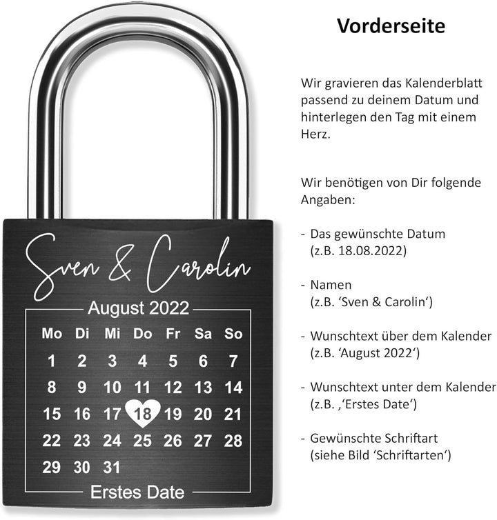 Liebesschloss mit Gravur Kalenderblatt - Schwarz - gestaltbar mit vielen Farben & Schriften - Jahres