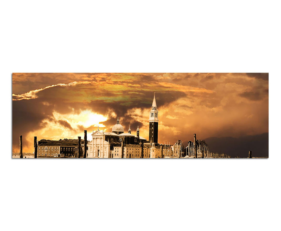 Paul Sinus Art Panoramabild auf Leinwand und Keilrahmen 150x50cm Venedig Gondeln Wasser Sonnenunterg