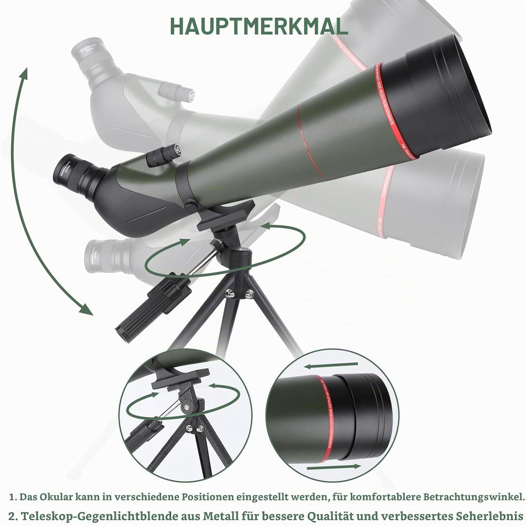25-75x100 HD Spektiv Sportschützen mit Stativ- und Smartphone-Adapter, Zoom Bak4 Prism FMC Lens 45-G