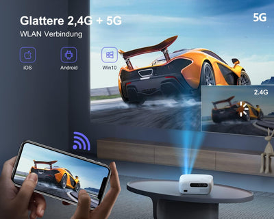 Beamer, 1080P Beamer 5G WiFi Bluetooth Beamer Full HD, 6D Auto Trapezkorrektur LED Heimkino Video Be