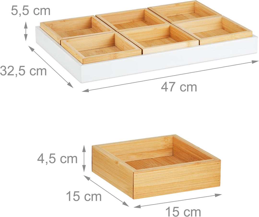 Relaxdays Snackschalen Set, mit Serviertablett, Bambus, 6 Schälchen, Chips, Nüsse & Süssigkeiten, Se