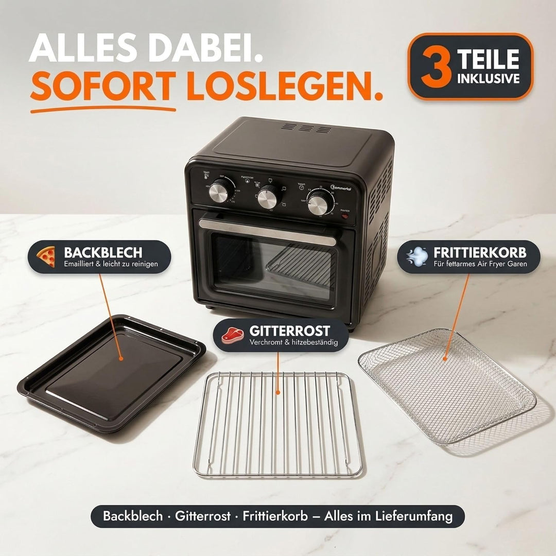 Sommertal Minibackofen 20 Liter mit Umluft & Heissluftfritteuse, Mini Backofen 1800W zum Backen, Gri