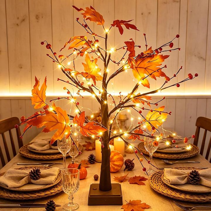 Herbstdeko Ahornblatt Baum Lichter, 61cm Herbst Dekoration Lichterbaum Für Innen mit Timer, Herbst D