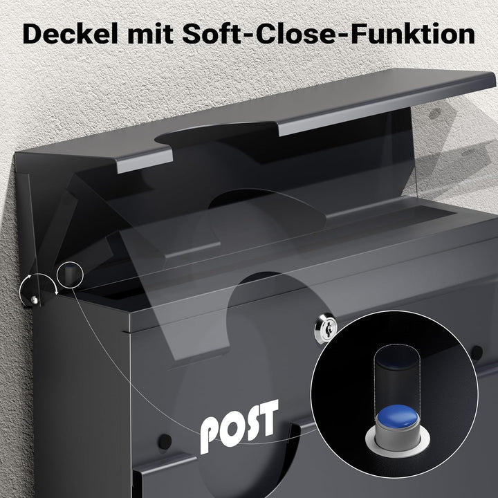 Wiltec Briefkasten Anthrazit V62 aus Stahl 37 x 11 x 37 cm, Wandbriefkasten mit Zeitungsfach und Sch