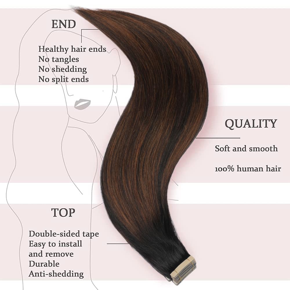 HotLulana Tape Extensions Echthaar Omber Off-Black Hellbraun Gemischt 20stück 40g 16zoll (40cm) 100%