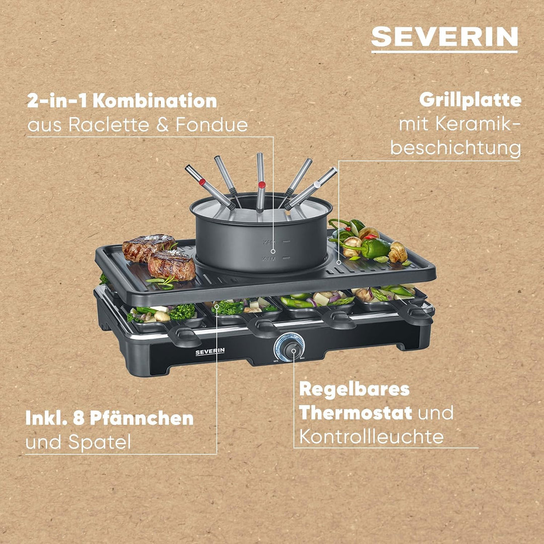 SEVERIN Raclette-Fondue-Kombination für 8 Personen, 2-in-1 Raclette Grill mit Grillplatte &amp; Fondue-S