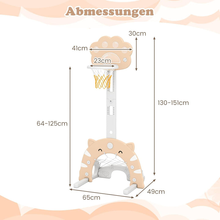 DREAMADE Basketballkorb Kinder, 3-in-1 Basketballständer höhenverstellbar 130-151 cm mit Fussballtor
