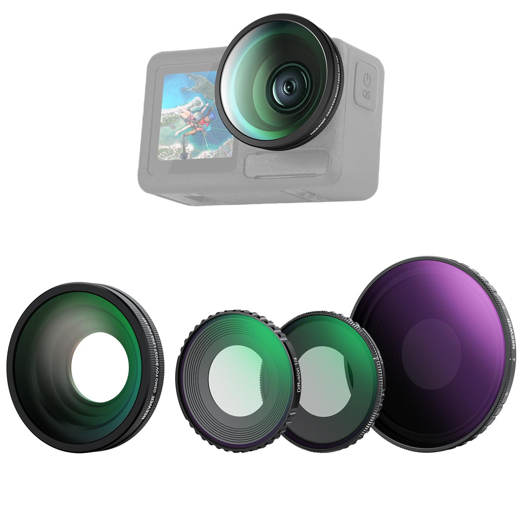 NEEWER 4 in 1 ND Filter und Objektiv Zubehör Set kompatibel mit DJI Osmo Action 5 Pro/4, Variabler N