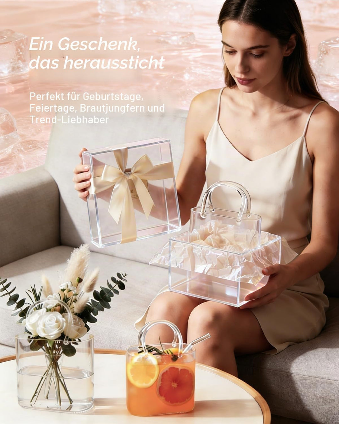 770 ml Trinkglas in Handtaschenform mit Strohhalm, einzigartige Handtaschen-Vase für Getränke, dekor