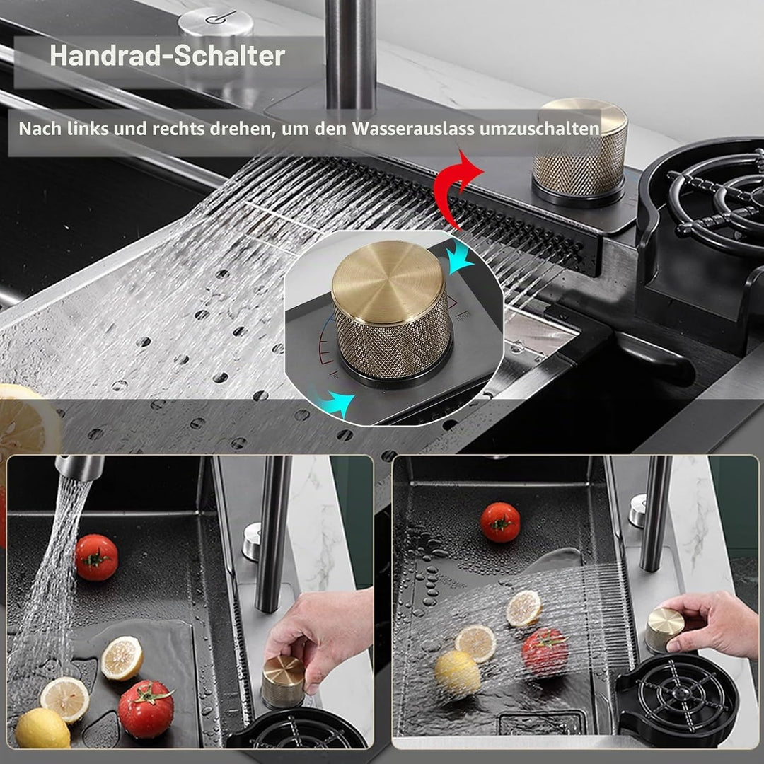 Spülbecken Küchenspüle Waschbecken Küche Edelstahl, Waterfall Spüle Küche Schwarz Mit Cup Washer, Ei