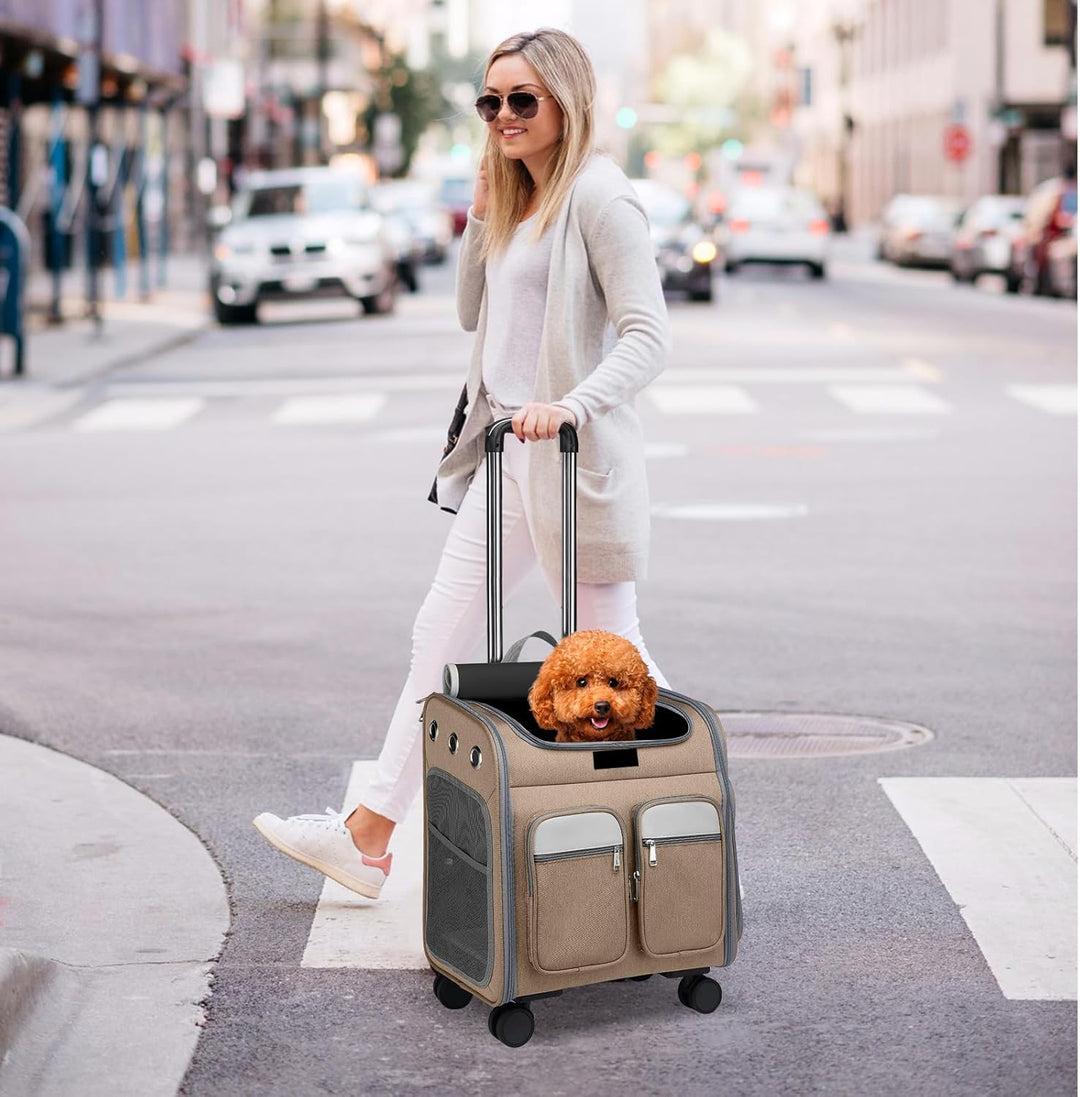 PETCUTE Katzenrucksack Hunderucksack mit Trolley 2 in 1 bis 11 kg,Faltbarer Hundetrolley mit 4 Räder