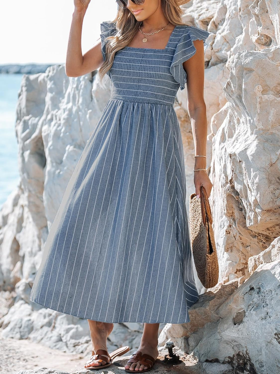 CUPSHE Damen Sommerkleid Quadratischer Ausschnitt Volantärmel Nadelstreifen A Linie Gesmoktes Maxikl