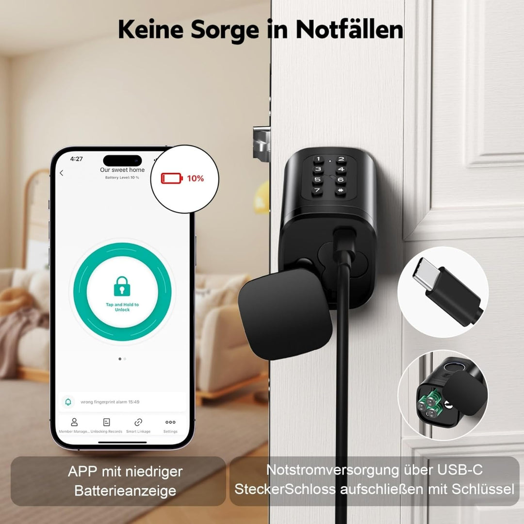 Türschloss Fingerabdruck Smart Lock, Schliesszylinder 60-90mm(30/30,45/45), Elektronisches Fingerabd