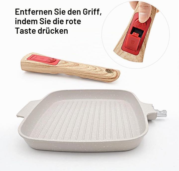 Grillpfanne Induktion mit Abnehmbarer Griff, 26 x 24 cm Steakpfanne mit Deckel Antihaft Beschichtet