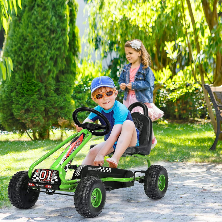 DREAMADE Gokart mit Handbremse & verstellbarem Sitz, Tretauto Tretfahrzeug mit geschlossenem Kettenk