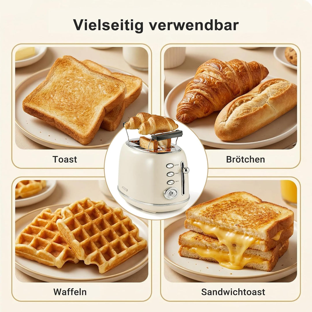 Retro Toaster 2 Scheiben Edelstahl – Brötchenaufsatz, 6 Röststufen, Vorheiz- und Auftaufunktion, Abs