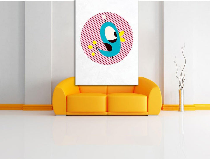 Pixxprint Lustiger Vogel mit gestreiftem Hintergrund weiss, Format: 100x70 auf Leinwand, XXL riesige