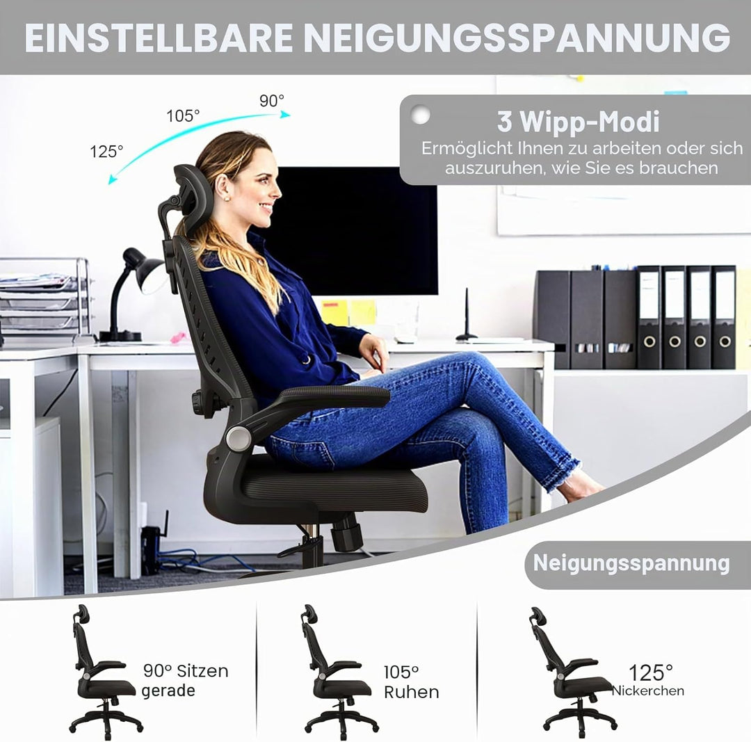 LEVIPE Bürostuhl Ergonomisch, Schreibtischstuhl mit Lendenwirbelstütze, Armlehnen, Verstellbare Kopf