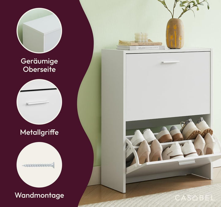 CASABEL Schuhschrank Schmal für 12 Paar Schuhe, Modernes Schuregal Holz mit 2 Klappen, Platzsparende