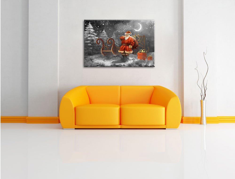 Pixxprint Weihnachtsmann mit Geschenken als Leinwandbild/Grösse: 100x70 cm/Wandbild/Kunstdruck/ferti