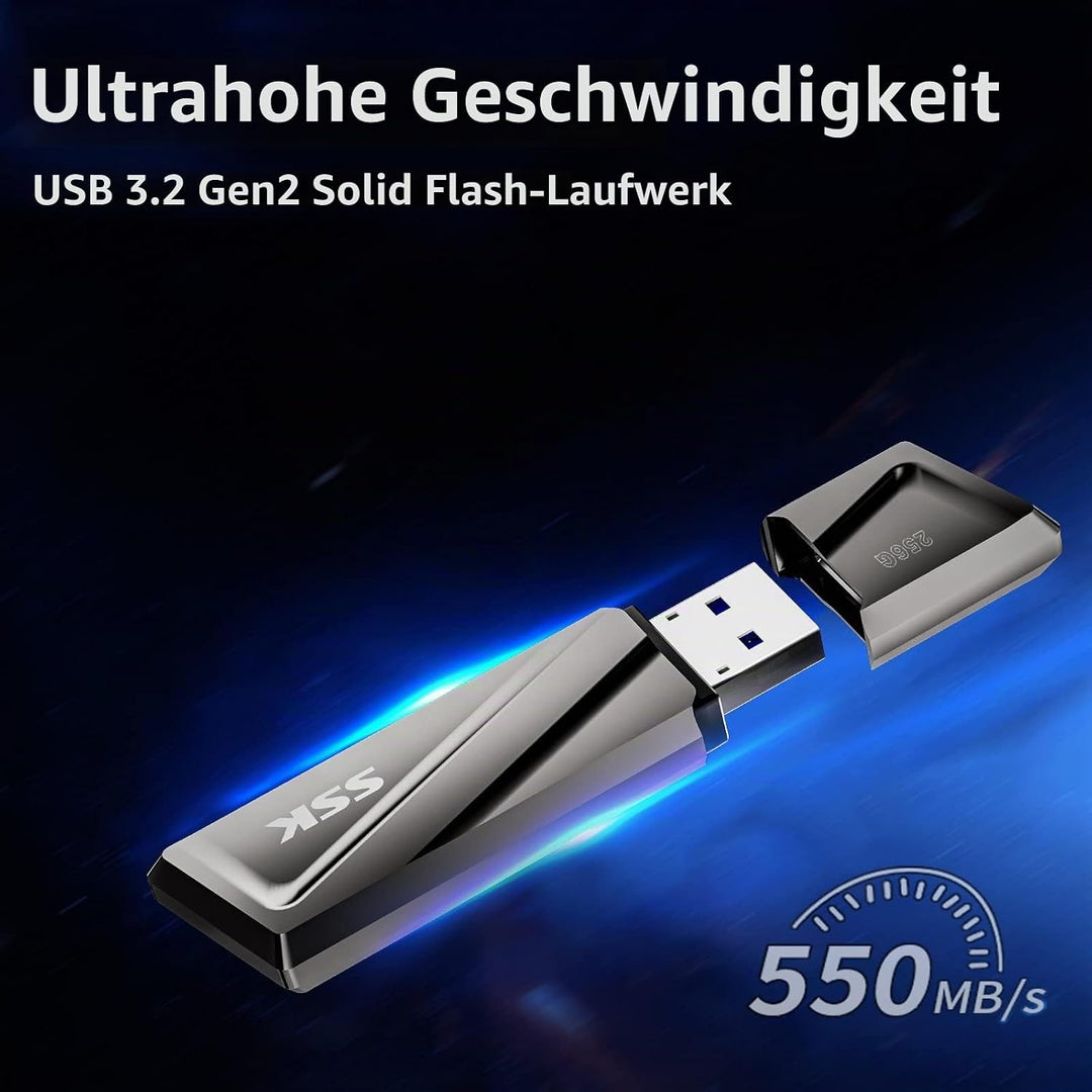 SSK USB3.2 SSD Stick 256GB, High Speed bis zu 550MB/s Extreme Schneller Adapter Externe Tragbare SSD