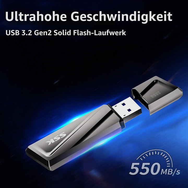 SSK USB3.2 SSD Stick 256GB, High Speed bis zu 550MB/s Extreme Schneller Adapter Externe Tragbare SSD