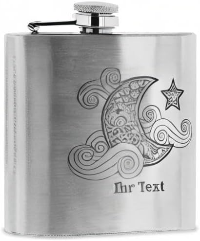 personalisierbarer Flachmann aus Edelstahl mit Name – Mond Zentangle – Taschenflasche mit Wunschgrav