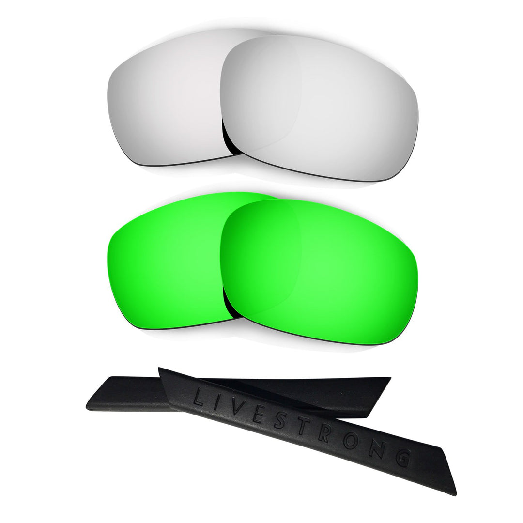 HKUCO Silver/Green Polarized Replacement Lenses plus Black Earsocks Rubber Kit For Oakley Racing Jac