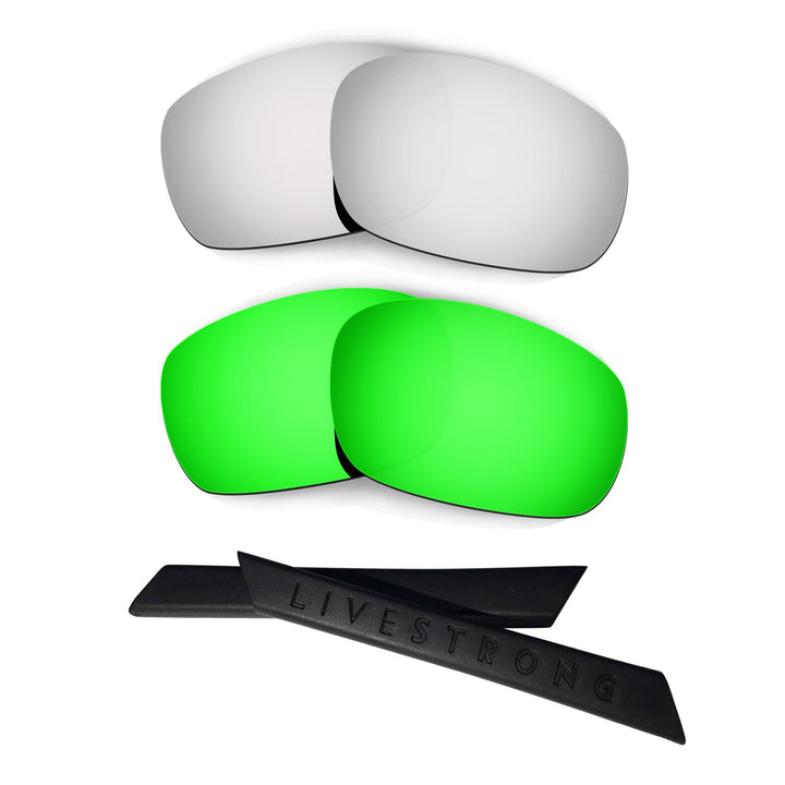HKUCO Silver/Green Polarized Replacement Lenses plus Black Earsocks Rubber Kit For Oakley Racing Jac