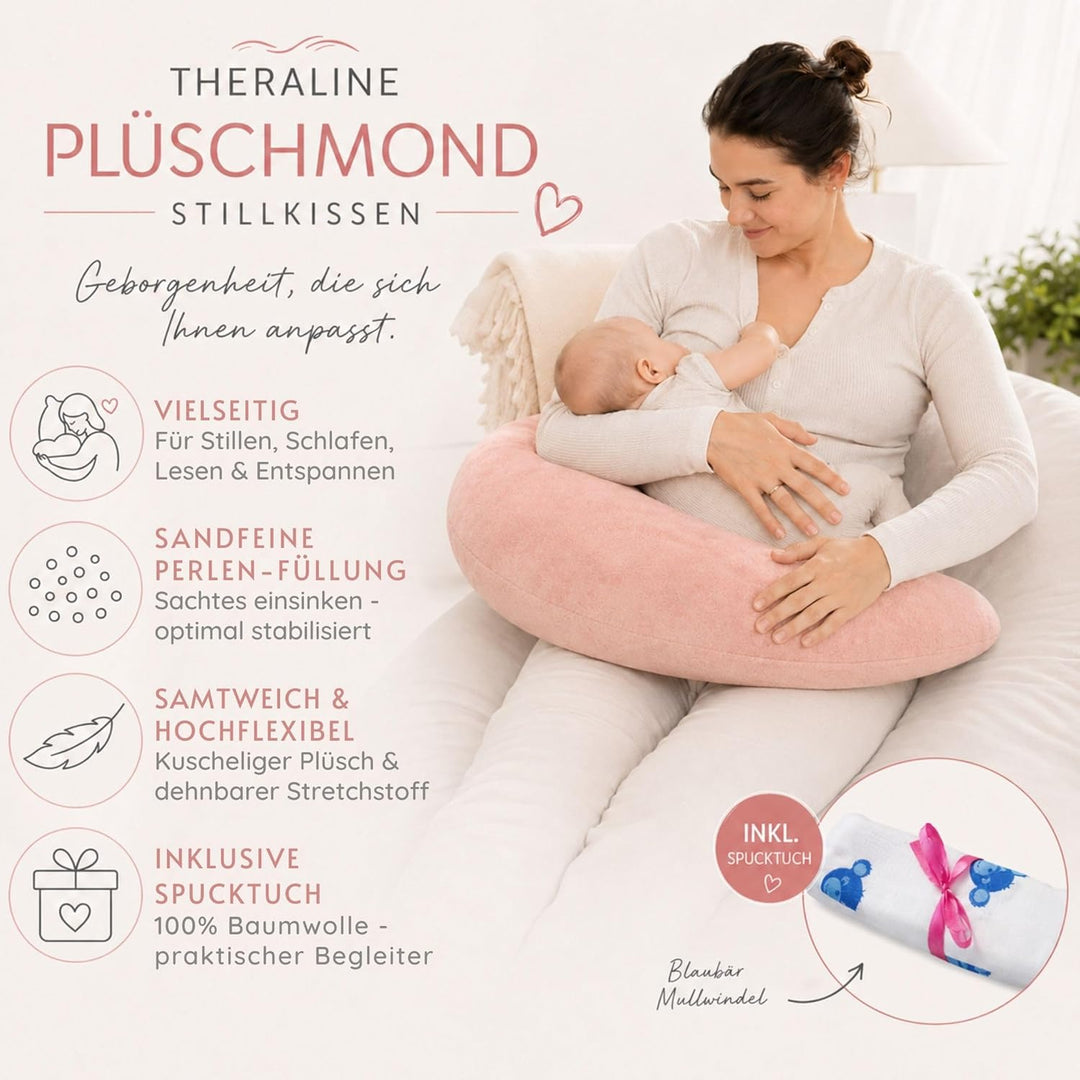 Set Theraline Plüschmond Stillkissen, Bauchstützkissen & Spucktuch Blaubär | Schmusekissen und Lesek