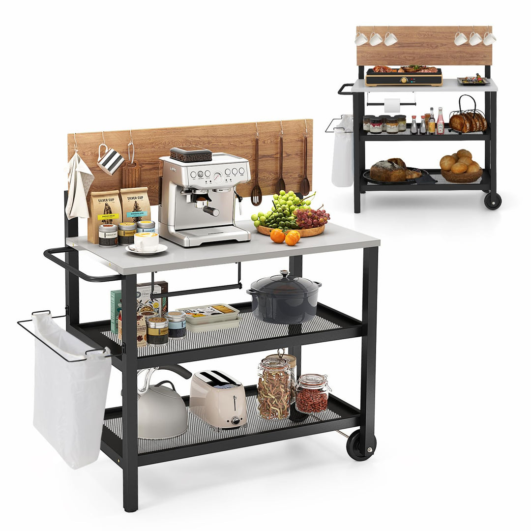 KOMFOTTEU Grillwagen mit klappbarer Tischplatte, Outdoor Servierwagen mit Haken, Handtuchhalter, Mül