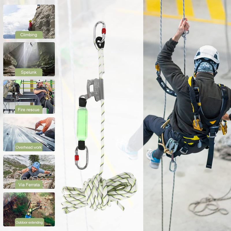 MENAYODA Safety Auffanggerät Mitlaufend auf 12mm Kernmantelseil 10m mit Bandfalldämpfer, PSA, Höhens