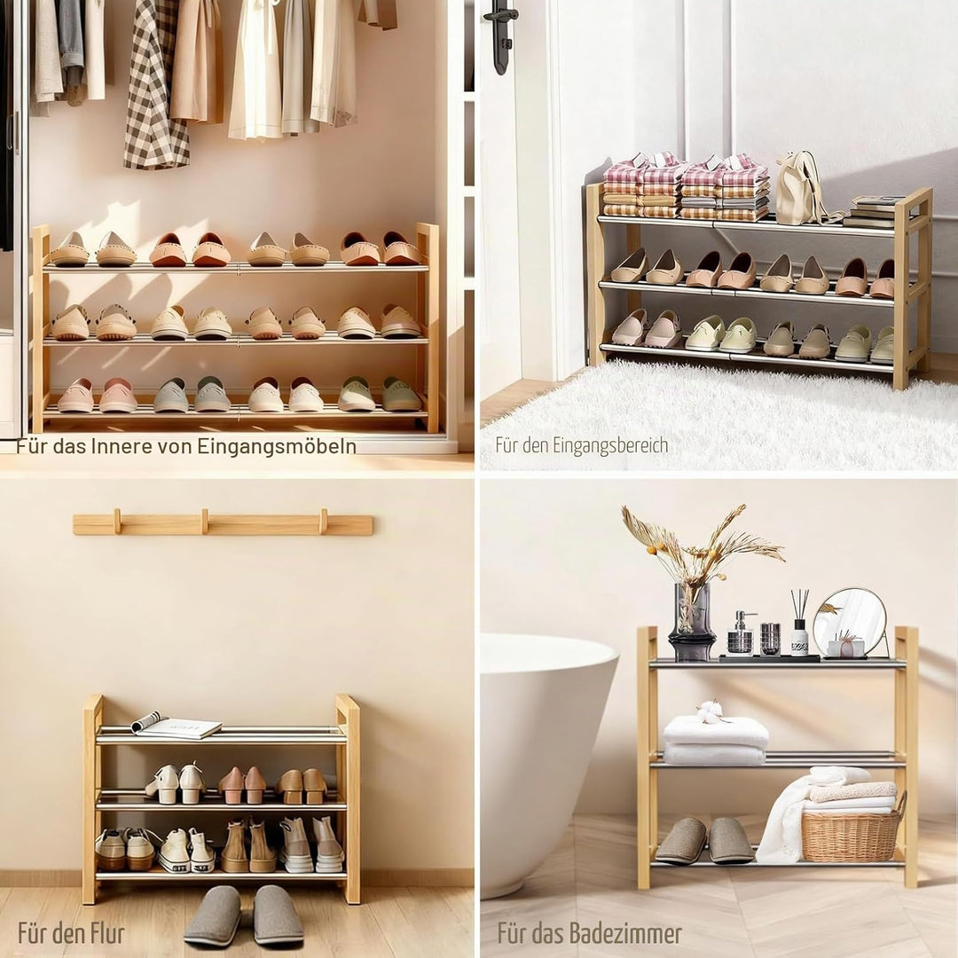 LEMIKKLE Schuhregal Holz Eiche 3-stöckig, Erweiterbar Mit Edelstahl-Elementen, Ideal Für Enge Räume,