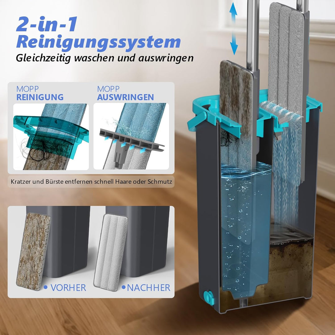 Masthome Wischmopp und Eimer Set, Flacher Bodenwischer mit 6 Mikrofaser-Wischpads und 148 cm Edelsta
