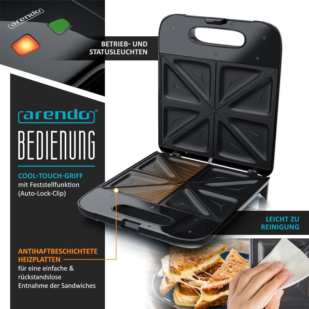 Arendo - Sandwichmaker XXL – für 4 Sandwiches – 1400 W – Sandwichtoaster mit Antihaftbeschichtung –