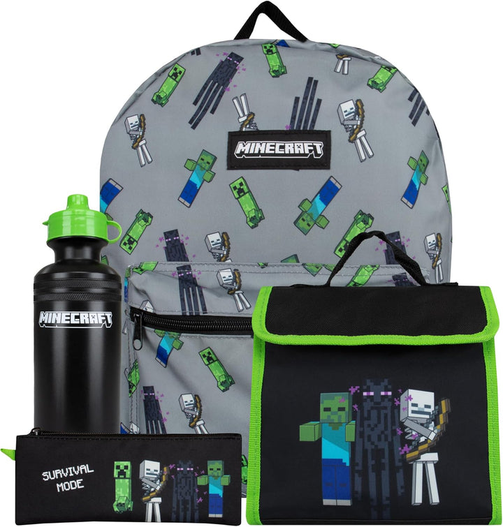 Minecraft Schulranzen Set | Creeper Kinderrucksack | Schulrucksäcke, Brotdosen & Wasserflaschen Set