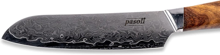 pasoli Damast Santoku-Messer inkl. Klingenschutz | 67-lagiger VG-10 Damaszener-Stahl | scharfe 13 cm